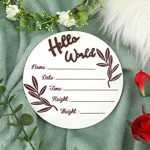 Image of Wooden Baby Announcement Sign, Round New Baby Sign Wooden Newborn Welcome Sign Hello World Newborn Sign