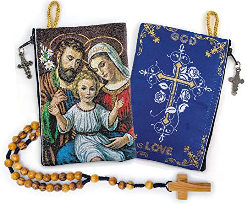 TREE OF LIFE REV. 22:14 Rosary Pouch with Olive Wood Catholic Rope Rosary from Israel, Holy Family & God is Love Woven Fabric Tapestry Style Icon Travel Bag, Religious Catholic Gift Set