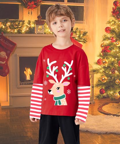 Image of Boys Christmas Tees Girls Dinosaur Tops Stripe Long Sleeve Shirt Kids Truck T-Shirt for Toddler Xmas Gifts 3-9 Years
