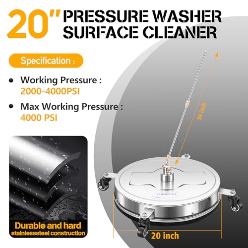 Image of LidoDola 20'' Pressure Washer Surface Cleaner with 4 Wheels - Stainless Steel Surface Cleaner for Pressure Washer Attachment for Concrete, Driveway, Patio, Sidewalk, Deck and Driveways