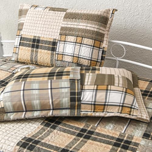 Image of Jarson 3 Pcs Plaid Daybed Cover Set Twin Size Brown Beige Sofa Cover Double Side Bed Set Classic Patchwork Bedding Sets Daybed Quilt Set with Pillow Shams