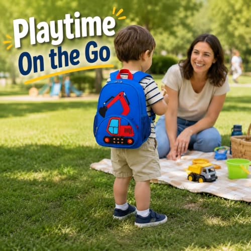 Image of LOIDOU Toddler Backpack for Boys, Excavator Construction Vehicle Kids Backpack with Chest Strap, Padded Straps & Side Bottle Pockets for Daycare, Preschool, Travel