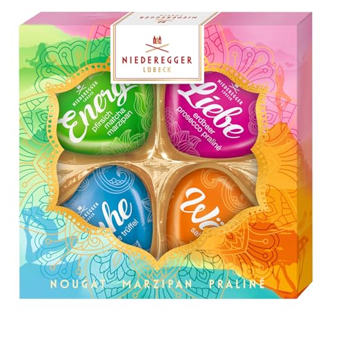 Niederegger | Herzen-Selektion | 1x 50g | Sorten Pfirsich-Matcha-Marzipan, Sahne-Nougat, Erdbeer-Prosecco-Praliné & Vanille Trüffel | Präsent Herzen