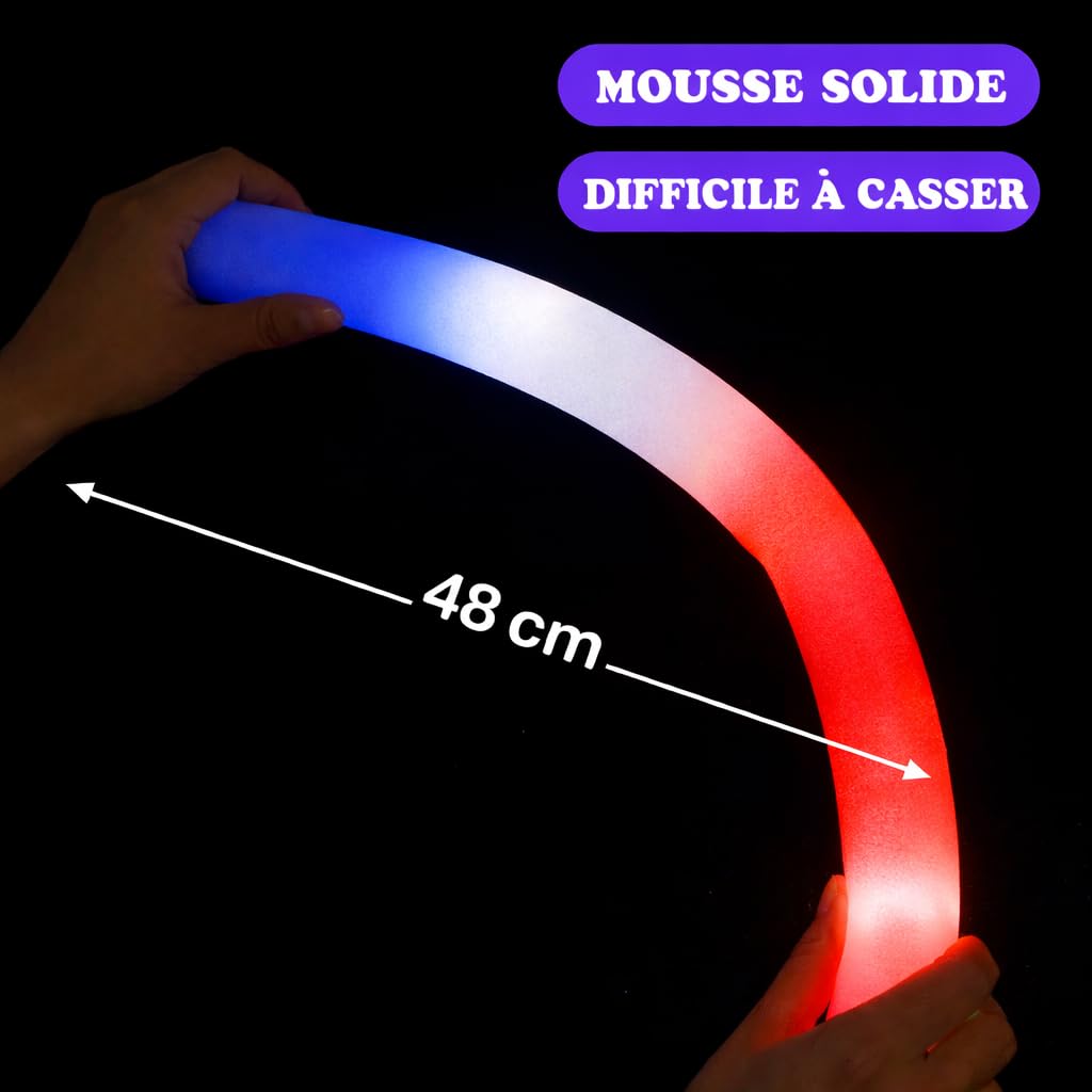 Zenda Club - Lote de 90 palos luminosos LED tricolor Francia 48 cm - rojo blanco azul - espuma de alta calidad - 3 modos flash - boda, concierto, fiesta, evento - Autonomía 8H