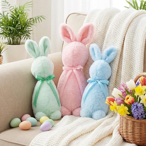 Breling 3 Pcs Easter Decoration Bunny Throw Pillow Flocked Bunny Figurine with Bow...