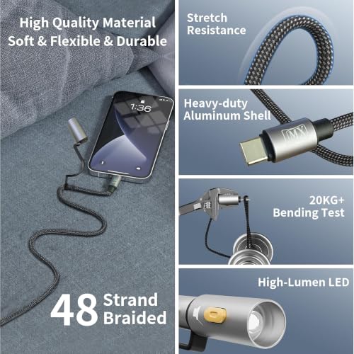 Image of MX 240W USB-C Cable 3-in-1 Multi-Function Charging Cable 1.2M with LED Flashlight & Electric Plasma Lighter, PD Fast Charging Cable with E-Marker Chip, Nylon Braided Type-C Cable for USB-C Devices
