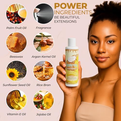 Image of Body oil designed for Deep Hydration to nourish, protect, and rejuvenate the skin while leaving it with a soft, radiant glow and a pineapple scent long -lasting fragrance jojoba oil and more 6.76oz