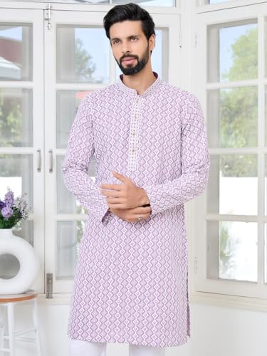 Image of See Designs Men's Full Sleeve Mandarin Collar Embroidered Thread Work Sequinned Rayon Straight Long Kurta - Festive Collection