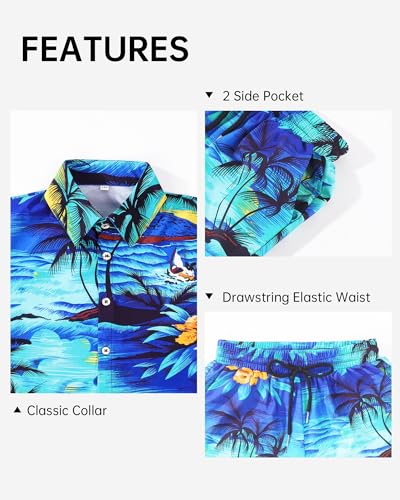 HASMES Boys Hawaiian Outfits Tropical Print Button Down Shirts and Short Sets for 5-12Y Kids - Image 6
