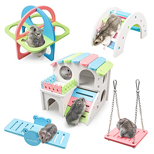 Dwarf Hamster Houses and Hideouts DIY Wooden Gerbil Rainbow Bridge Swing and PVC Seesaw, Pet Sport Exercise Toys Set, Sugar Glider Syrian Hamster Toy Cage Accessories, Suitable for Small Animal (H01)