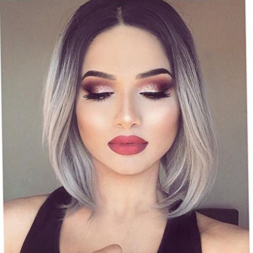 Ombre Bob Wigs Short Straight Ombre Grey Synthetic Heat Resistant Fiber Hair Full Wig for Women
