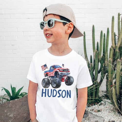 Personalized Boys 4th of July Shirts - Custom Name Patriotic Monster Truck American Flag Independence Day T-Shirt - Natural Boys & Girls Toddler, Youth Clothing2