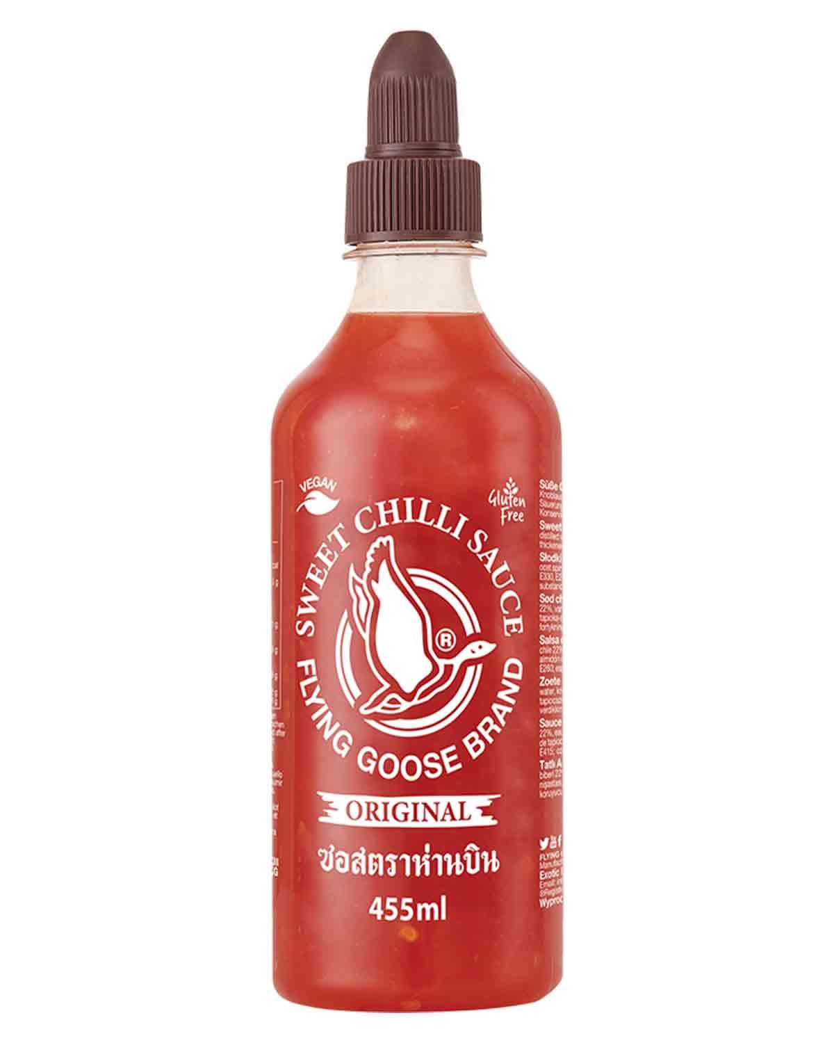 FLYING GOOSE Sriracha Chilisauce, Sweet Chilli Sauce, braune Kappe, süß-scharfe Würzsauce aus Thailand, vegan, glutenfrei, 1 x 455 ml