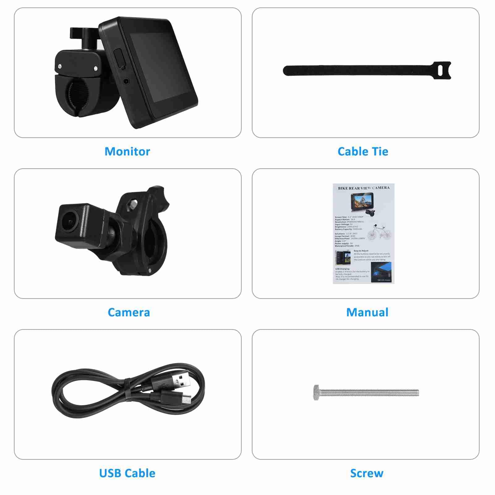 Shkalacar Caméra de recul pour vélo 1080P Écran HD 4,3 Pouces pour VTT