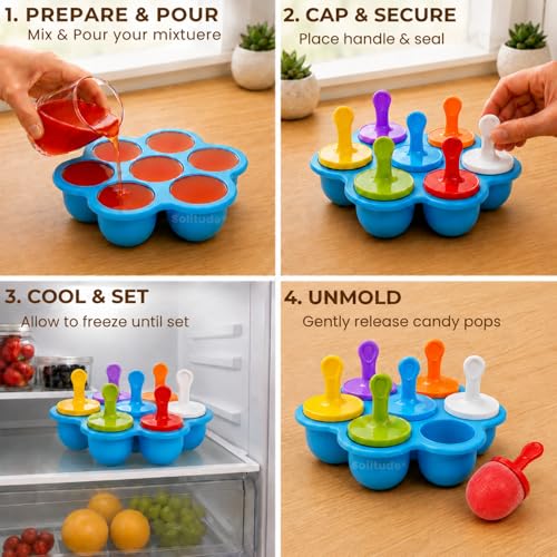 Image of Solitude 7 Cavities Silicone Popsicle Mould with Colourful Sticks | BPA Free Kulfi Maker DIY Frozen Dessert Ice Pop Mould for Kids and Adults