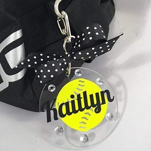 Softball Neon Yellow Bag Tag on Clear Acrylic Personalized with Your Name and Colors