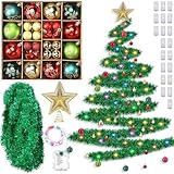 Realspring 65 Pcs DIY Wall Hanging Christmas Tree with Lights Wall Mounted Christmas Tree Include 33ft LED Lights Tinsel Garland Balls Ornaments Stars Topper Hooks for Xmas Home Decor(Green,Stylish)