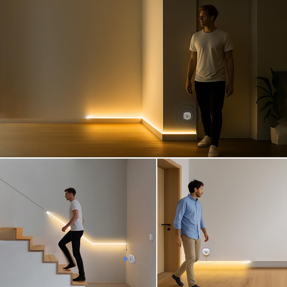 Striscia LED con Sensore di Movimento e Sensore di Luce, Bianco Caldo 3000K Striscia LED Dimmerabile Interruttore e Spina, Modalità Luce Continua Attivata dal Movimento Modalità Notte,10m