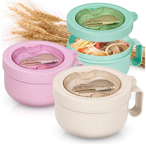MATICAN Microwave Soup Bowl with Lid, 3-Pack Soup Mug with Lid, Microwave Containers for Ramen Noodles, Soup, Beverages, 28.74 Ounces, Pink, Mint, Eggshell White, Includes Spork