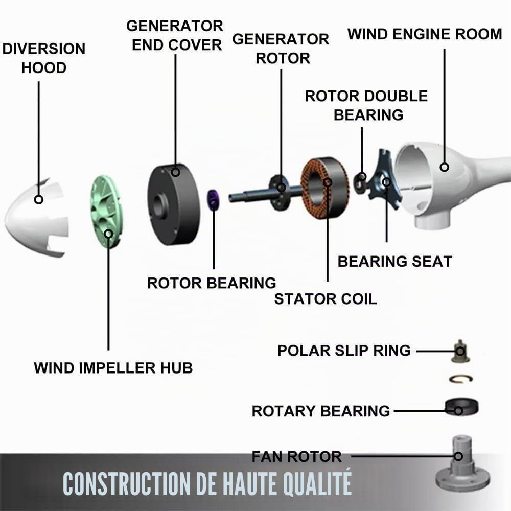 Générateur d'éolienne 500W, 12V 24V PMG Businesses Kit Turbine avec Régulateur de Vent à 5 Pales pour Charge à Domicile Marine