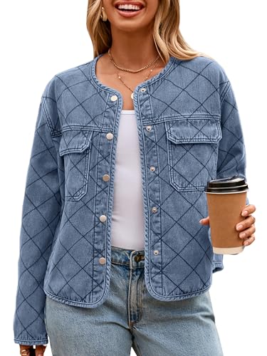 Glamaker Jean Jacket Women Denim Long Sleeve Button Down Diamond Quilted Lightweight Jackets Fall Winter Shacket Coats