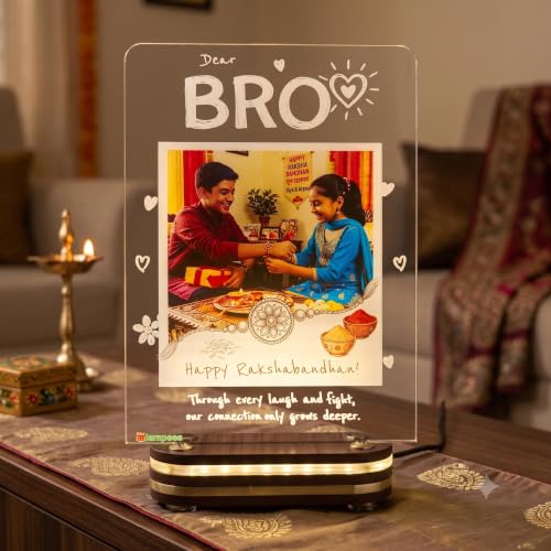 Image of lampees Personalised Brother's LED Photo Lamp, 18x12 cm | Raksha Bandhan Keepsake Custom Printing, Warm LED Glow, Acrylic Wood Base,