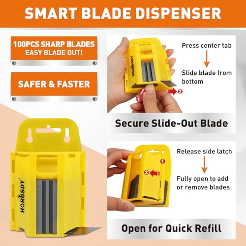 Image of HORUSDY 20-Pack Folding Utility Knife Set, Heavy-Duty Box Cutters with 100 Extra Razor Blades, Quick-Change Foldable Knives for Drywall, Carpet, Boxes, Color-Coded Handles for Jobsite & Home Use