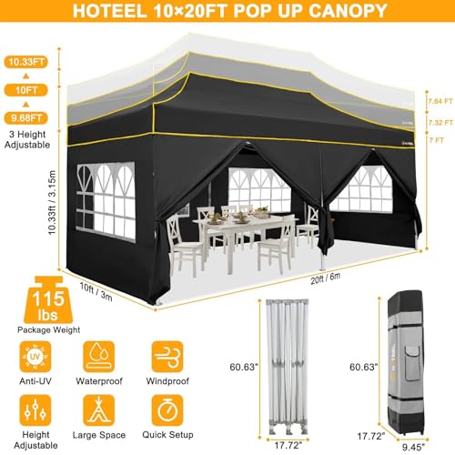 Image of HOTEEL 10x20 Heavy Duty Pop Up Canopy Tent with Sidewalls, Commercial Outdoor Canopy Tents for Parties Event Wedding with Roller Bag, Waterproof & UV 50+, Upgraded Thickened Hexagonal Legs, Black