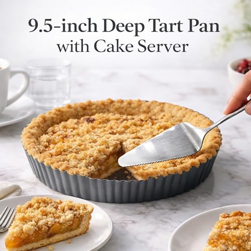 Image of 9.5*2.2 Inch Deep Tart Pan w / Pie Cake Server. Removable Bottom, Non-Stick Coating, Rugged Carbon Steel for Tart Quiche Baking. Gift for Women Wife Christmas Thanksgiving Party Festival Family