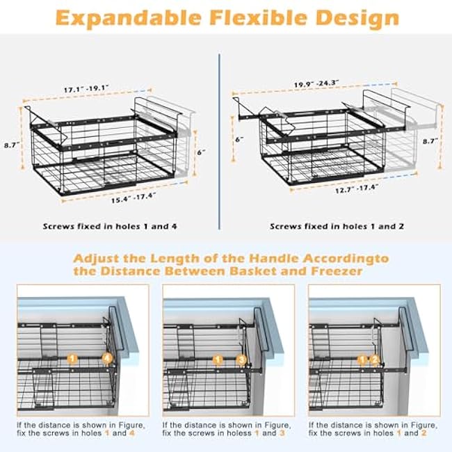 NADAMOO Hanging Chest Freezer Organizer Bins, 2 Pack Large Expandable Freezer Baskets for Chest Freezer, Metal Adjustable Storage Containers for Deep Freezer - Black