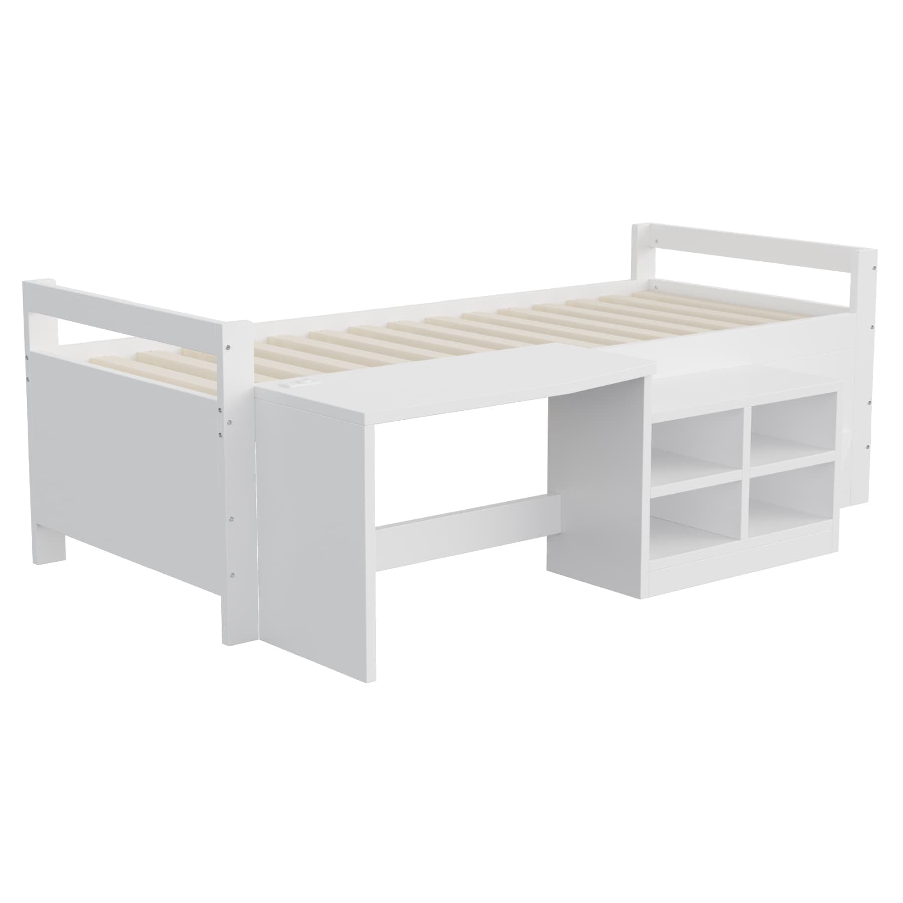 YEHTOKHOME Lit Multifonctionnel en Bois de 90 x 200 cm avec Bureau et Armoire de Rangement,Moderne lit Simple pour Enfant avec 2 Ports USB et Prise électrique(sans Matelas) (B, Blanc)