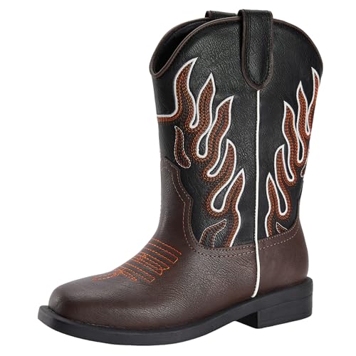 PATPAT Boys Cowboy Boots, Square Toe Mid Calf Embroidered Cowboy Boots for Toddler/Little Kid/Big Kid Western Riding Shoes