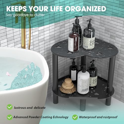 Image of Heart Shaped Shower Stool for Inside Shower, Small Corner Shower Stool with Storage Tray, Bath Seat for Seniors Adults, Durable Metal Shower Chair for Shaving Legs, Black