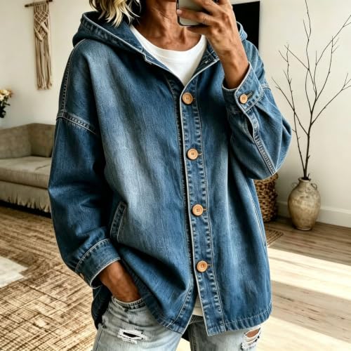 GOSEAGOTOFUN Womens Denim Jacket Oversized Hooded Jean Jacket Long Sleeve Button Down Casual Coat Fall Winter Fashion Coats 01-BU1 Small - image 2