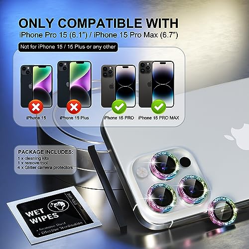 Image of Choiche Compatible for iPhone 15 Pro /iPhone 15 Pro Max Camera Lens Protector Bling, 9H Tempered Glass Camera Cover Screen Protector Metal Ring Decoration Accessories (Glitter-Colorful)