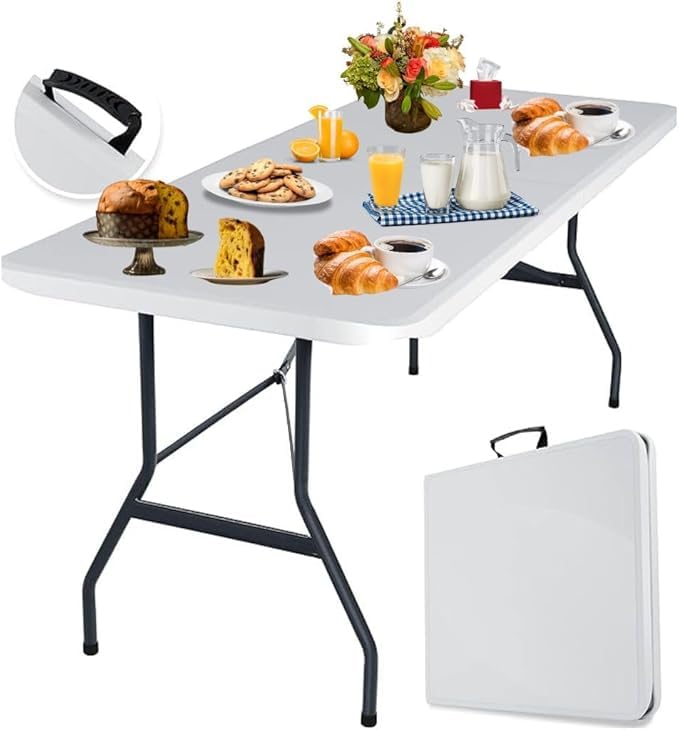 Tavolo Pieghevole Rettangolare 180x75x74 cm a Valigetta – Piano in HDPE Resistente, Struttura Metallo Verniciato, Portata 180 kg – Camping, Mercato, Giardino
