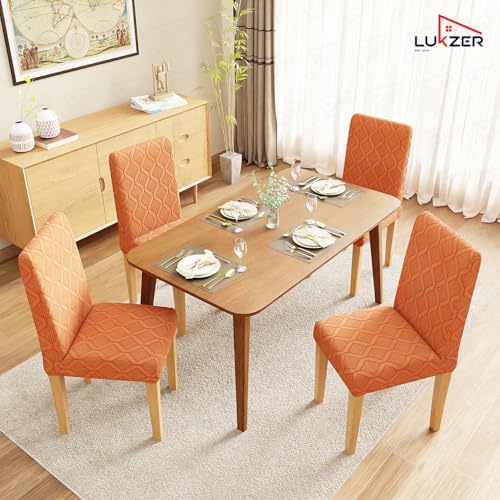 Image of Lukzer Elastic Dining Chair Cover - 6PC Pastel Orange Diamond | Textured High Stretch Jacquard Seat Cover | Removable Washable Short Dining Chair Cover Protector Seat Slipcover | (CC-155-06)