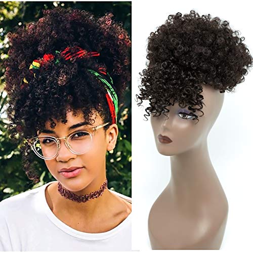 Synthetic Short Kinky Curly Pony Tail High Afro Puff Drawstring PonyTail Clip in on Synthetic Curly Hair Bun Wrap Updo Hair Extensions with Clips (Puff Drawstring Ponytail With Bangs, 2#)