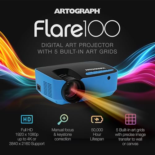 Image of Artograph Flare 100 Digital Art Projector with Adjustable Monopod Stand, Blue /Black - 1080p Native Resolution, Built-In Art Grids for Drawing and Tracing, WiFi and HDMI Compatible