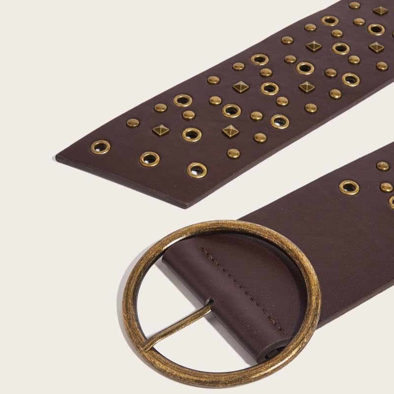 Women Retro Wide Leather Belt Vintage Studded Hollowed Metal Buckle Boho Wide Waist Belts Grunge Western Cinch Waistband2