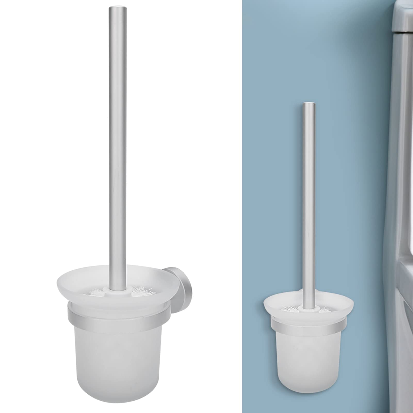 Toilet Brush And Holder Set - Wall-Mounted, Space Aluminum Brush With Ceramic Holder, Bathroom Cleaning - View #3