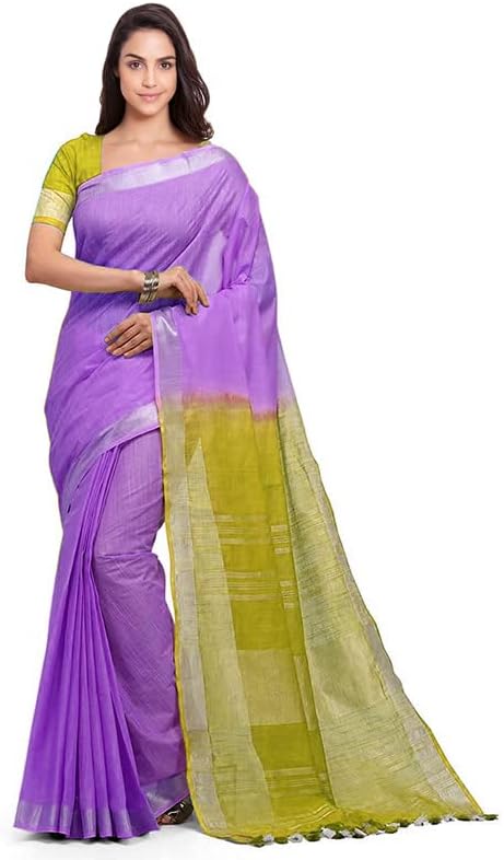 SheenKraftWomen's Handloom Bhagalpuri Cotton Slub Blend Two Dye Saree with Running Unstitched Blouse Piece_Free Size 11132 Lilac Purple & Olive Green