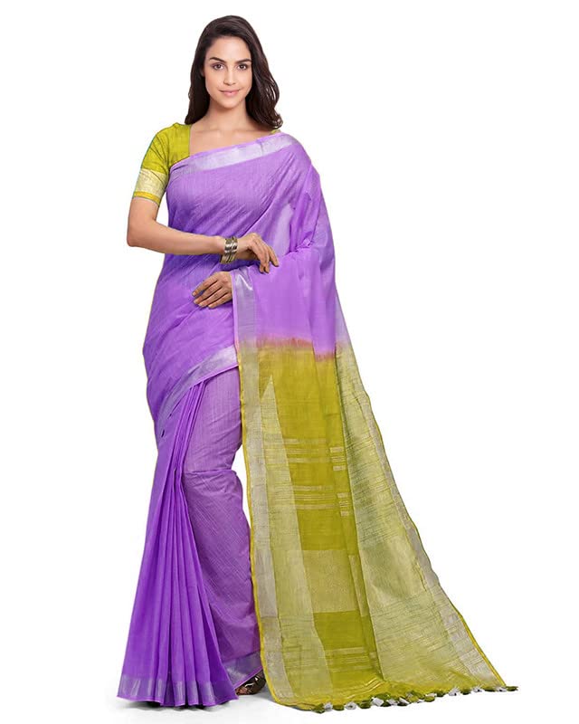 SheenKraftWomen's Handloom Bhagalpuri Cotton Slub Blend Two Dye Saree with Running Unstitched Blouse Piece_Free Size 11132 Lilac Purple & Olive Green