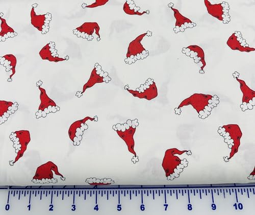 Generic Cotton Fabric Riley Blake C13533 Christmas with Scaedy Cat Tossed Santa Hats Cotton Fabric by The Yard, White