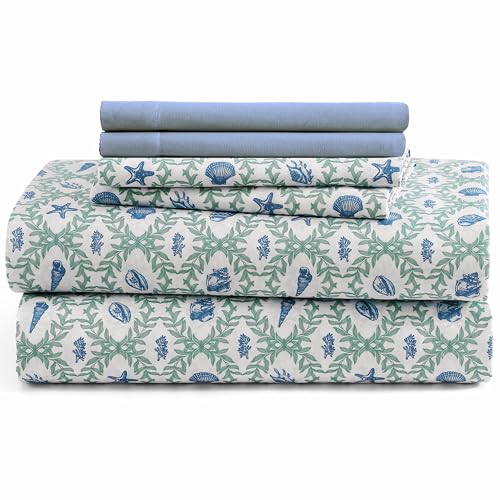 Caribbean Joe 6-Piece Sheet Set with Cooling Pillowcases, 12-inch Deep Pockets, Tropical Beach Coastal Design, Queen, Seaweed Trellis