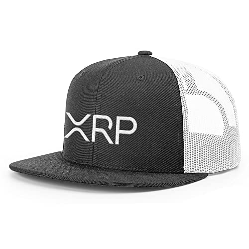 BustedTees XRP Flatbill Back Mesh Hat Cryptocurrency Trading Baseball Cap (Black Front/White Mesh)