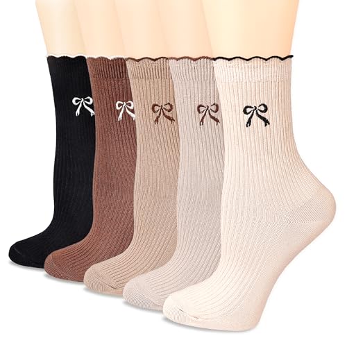Womens Crew Socks Ankle Ruffle Socks Fashion Cotton Dress Sock Cute Embroidery Casual Socks 5Pack