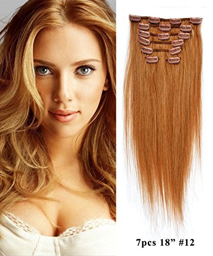 Mike & Mary® Clip in Hair Extensions 18" 70grm 7pcs Set with 16 Clips 100% Remy Straight Human Hair Extensions (Golden Brown #12)
