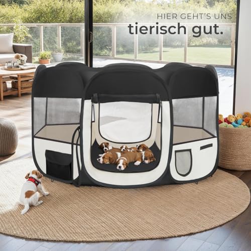 tectake® Welpenlaufstall, Tierlaufstall, Wurfkiste für Hund, Katze, Kaninchen, Auslauf, Gehege für Wohnung oder Camping - Hundezaun, Hundegitter, Auslaufgehege, Kleintiergehege - schwarz