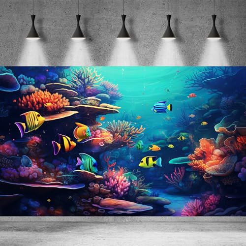 Image of Underwater Aquarium Background Vibrant Coral Reef and Tropical Fish Terrarium Background Deep Ocean Aquatic Marine Plants Fish Tank Backdrop Poster Wallpaper Decorations Vinyl 30x18in